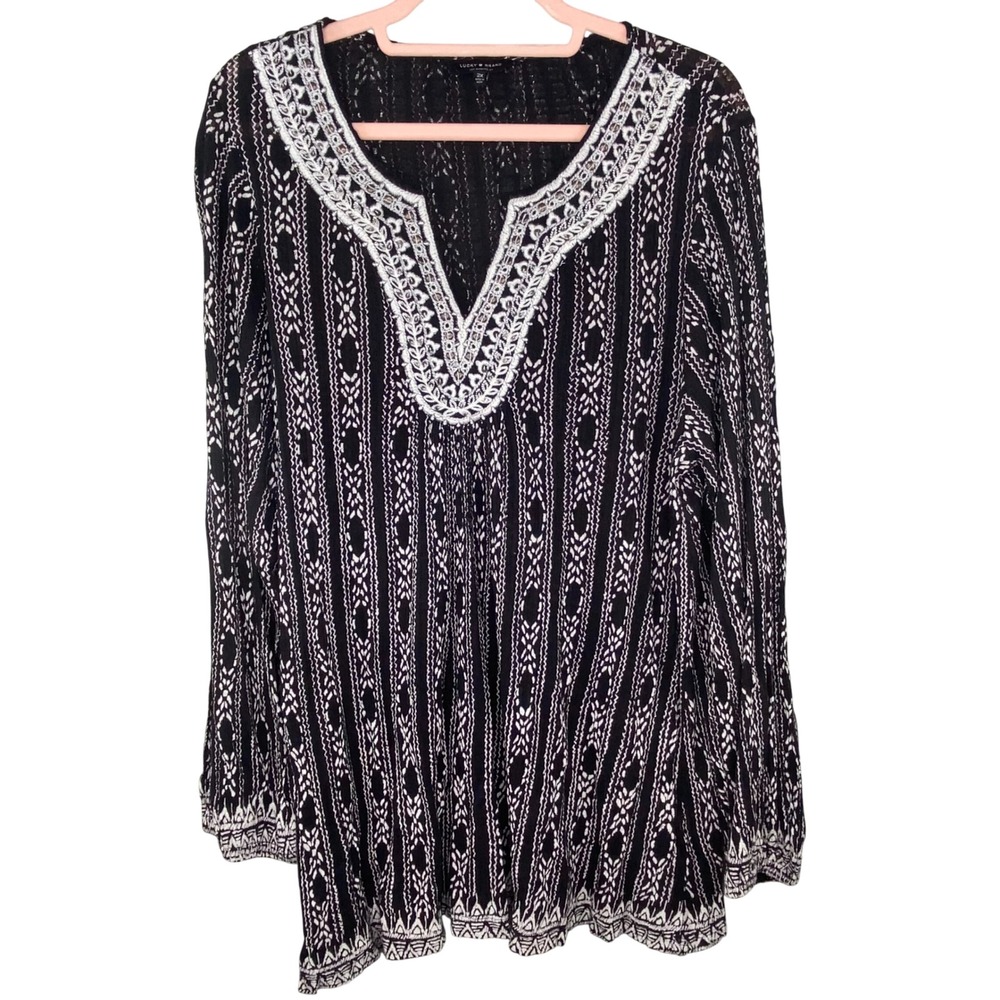 Lucky Brand Embroidered Tunic Women 2X Flowy Boho Peasant Top Black White Lace - Picture 1 of 9